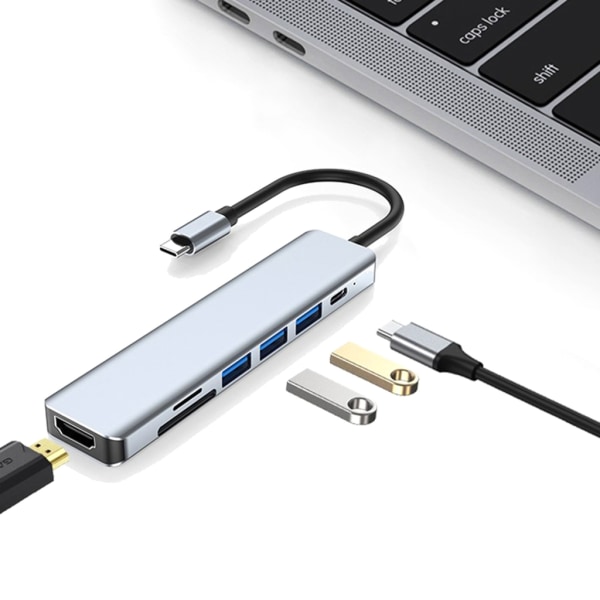 7 i 1 TypeC dockningsstation USB HUB-adapter för bärbar dator och surfplatta med HDMI-kompatibla USB3.0 USB2.0 PD och kortplatser