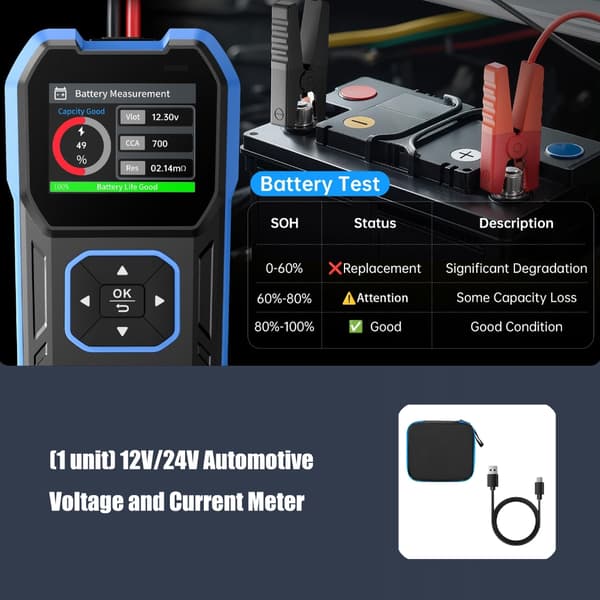 Multifunksjonell 12V 24V batterienhet analyserer kapasitet og drift