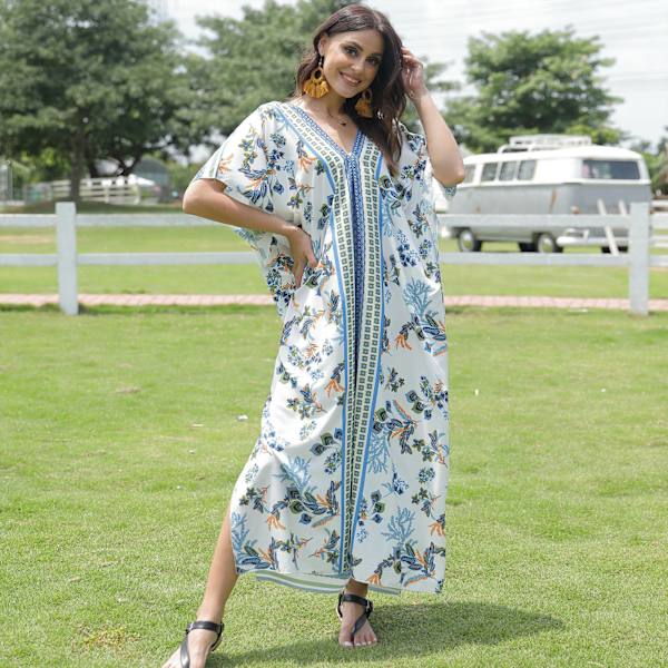 Kvinder Ferie Flagærme Tyrkisk Kaftan Boho Farverige Geometriske Blomstrede Trykte V-hals Badetøj Cover Up Oversized Løs Strand Maxi Kjole No 75 Red Flower