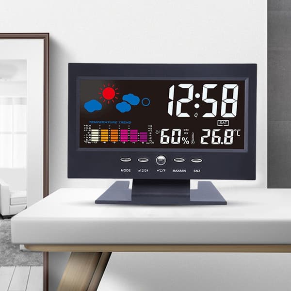 Klimamonitor med stort display, temperaturvisning, ur, kalender og alarm
