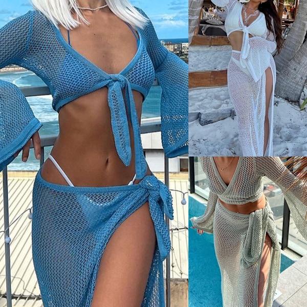 Kvinder badedragter cover ups sæt hul ud hæklet crop top nederdel badedragt FQD1647 blue suit M