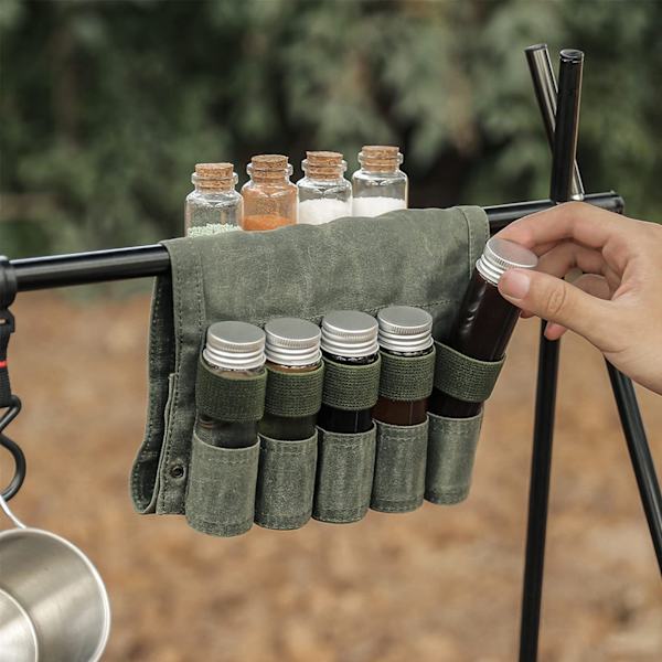 Canvas kryddförvaringsväska med 9 kryddburkar kryddbehållare set för utomhuscamping grill picknick tillbehör Khaki