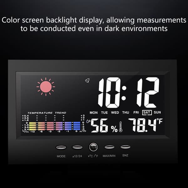 Klimamonitor med stort display, temperaturvisning, ur, kalender og alarm