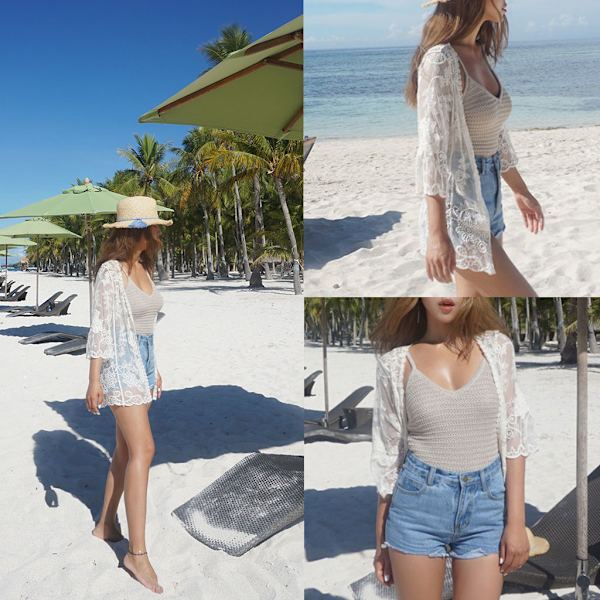 Kvinnors sommar casual genomskinlig spets öppen framsida strand kimono cover up White
