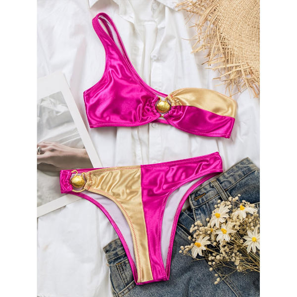 Dam badkläder med en axel, högt skurna baddräkter, push-up strandbikiniset S