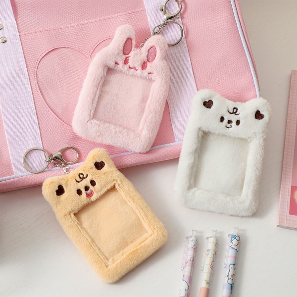 Söt plysch fotokortshållare nyckelring Kpop Idol genomskinlig fotofodral Nyckelringar Busskort för case Vinter Varm ID- cover Brown