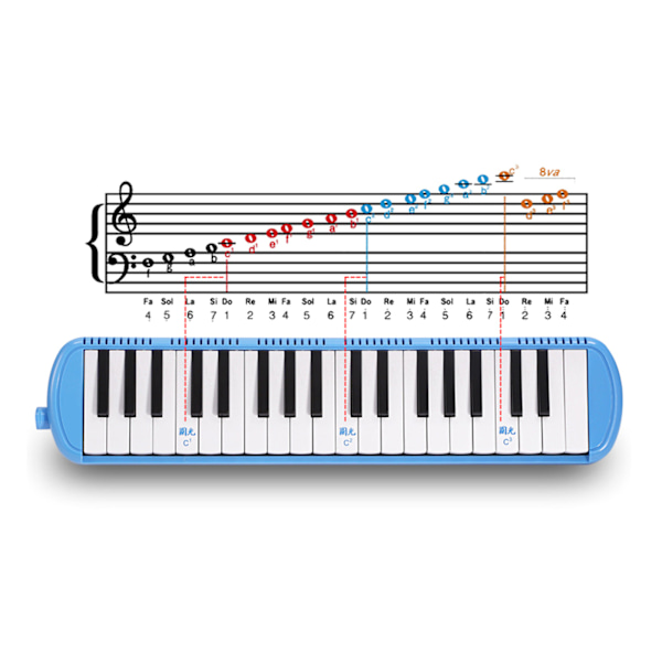 32 Tangenter Melodica Instrument Keyboard Luftklaver med Langt Rør, Korte Mundstykker Blue Soft Case
