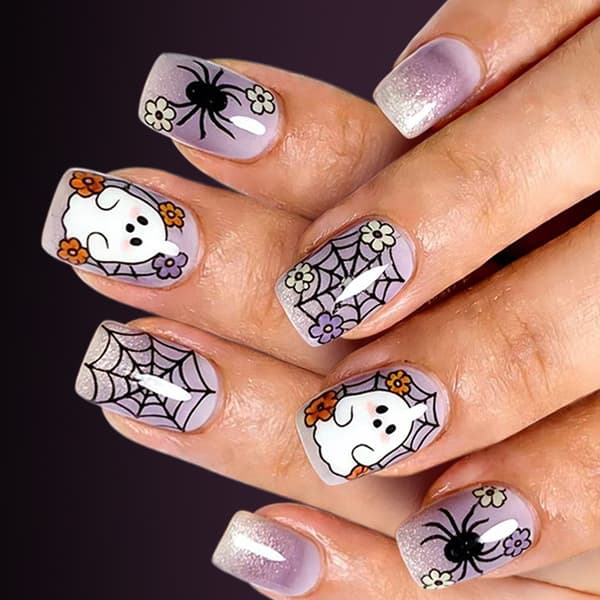 Web Flower Halloween Press On Manicure Sæt Lavendel Gradient