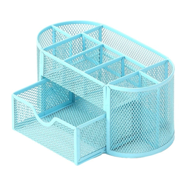 Metal mesh skrivebordsarrangører og penneholder med skydeskuffe og 8 rum, multifunktionelle kontorskriveborde Light blue