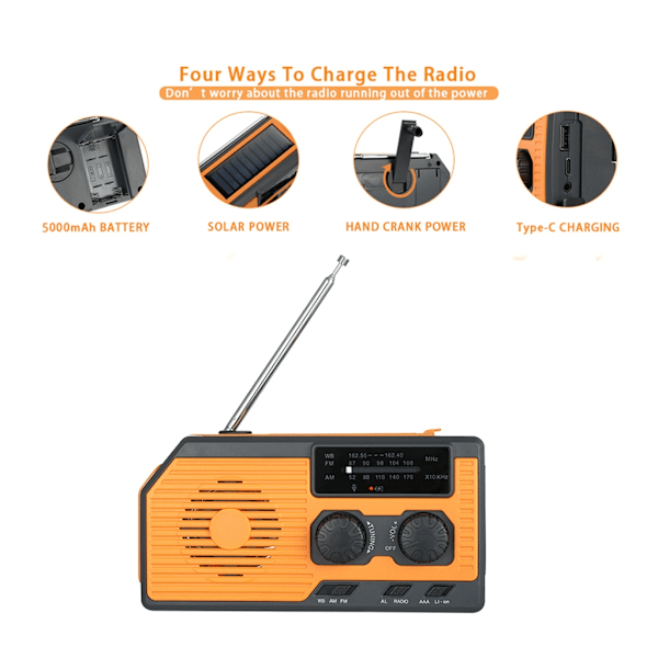 Nödradio NOAA Solcellsdriven Handvev 5000mah Telefonladdning SoS-larm