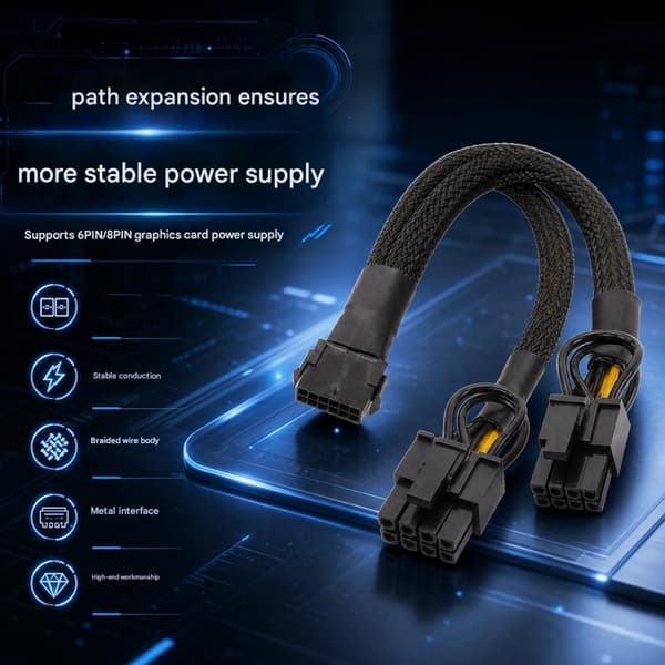 Kort PCIe-strømkabel til GPU og kabelføring i computerkabinet