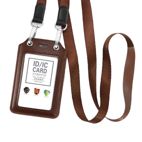 Pu Læder Badges Holder Clear Window Strap Lanyard Kontorarbejdsstuderende Brown