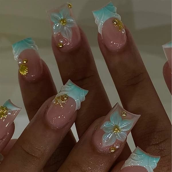 Bryllups Press On Manicure Sæt med Blå Hvid Blomsterstyling