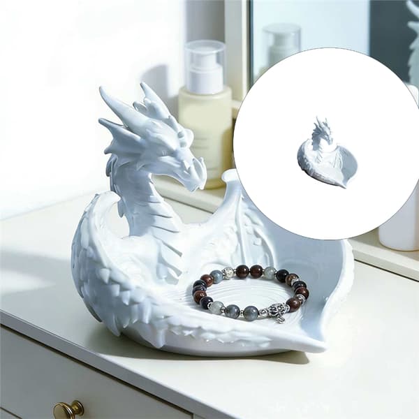 Hvid smykkeskål med dragefigur til skrivebord og kommode