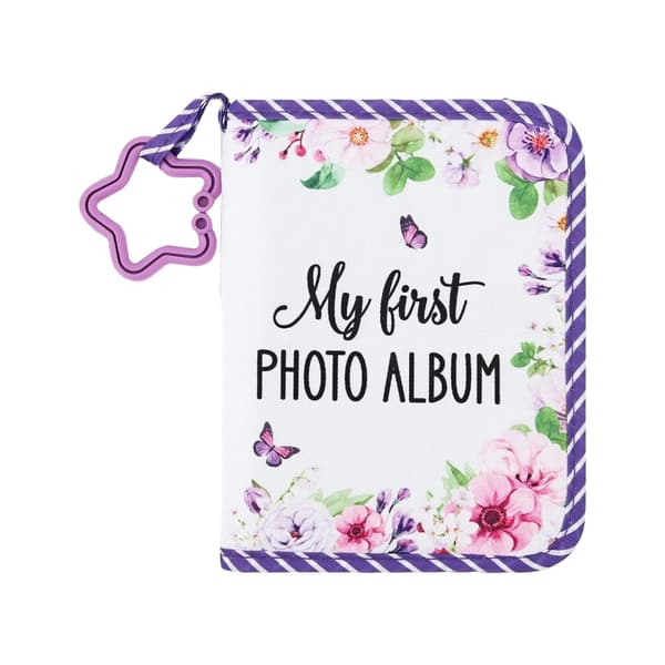 Fotobog med blomstertryk til småbørn inkluderer sikkert spejl og bideringe