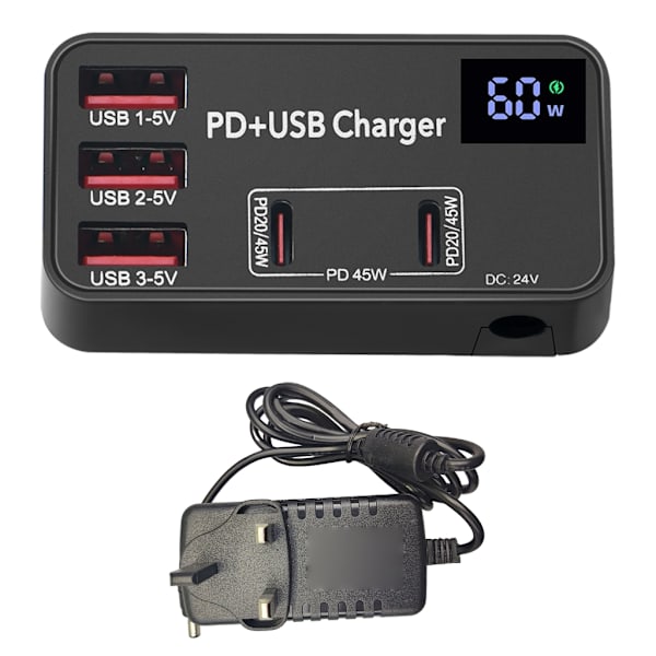 USB-lader, 60W 5-ports stasjonær USB-ladestasjon med 3x USB-port +2x Type-C-port AC100-240V 50/60Hz brede spenninger