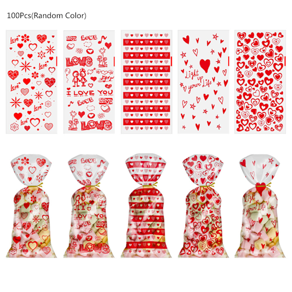 100 STK Valentinsdag Hjerte Cellofan Tasker Med Twist Slips Julegave Godbid til Chokolade Poser Cookie Poser Gave