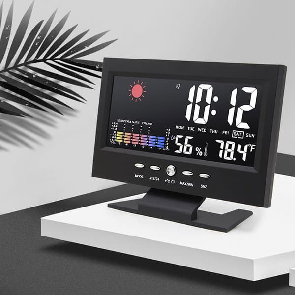 Klimamonitor med stort display, temperaturvisning, ur, kalender og alarm