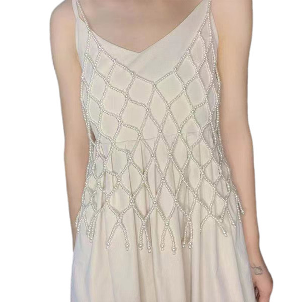 Mode Body Chain Wear Outside Glittrande vitt vävt nät, lång väst för mesh