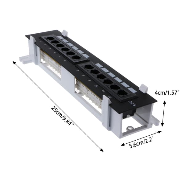 12-porters patchpanel for Cat 6, veggmontering og rackmontering, plassbesparende