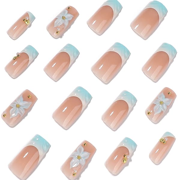 Bryllups Press On Manicure Sæt med Blå Hvid Blomsterstyling