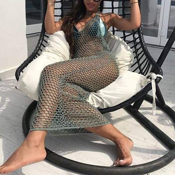 Kvinnors virkade ärmlösa klänning ihålig baddräkt sjal semester bikinis omslag Lake blue L