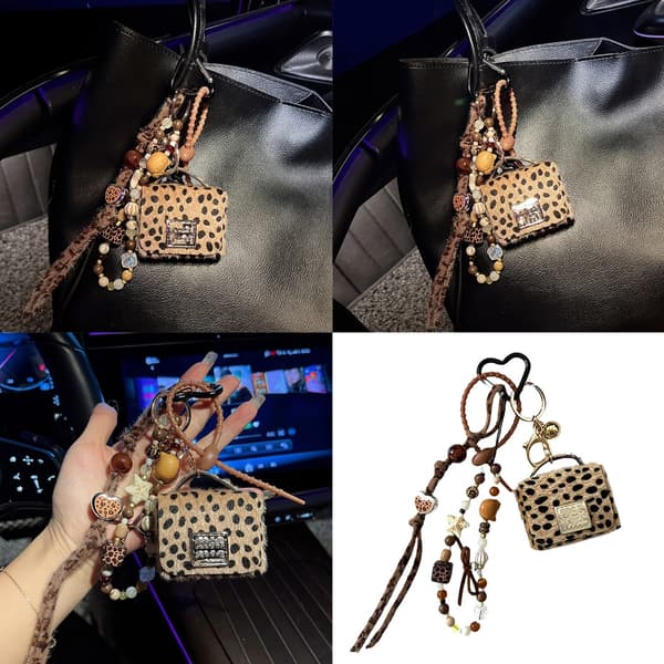 Trendig nyckelring med leopardtryck och pärlor, väskaccessoar för kvinnor och män
