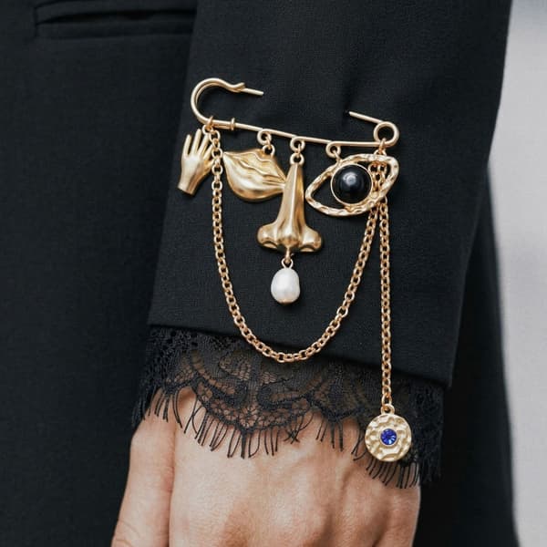 Ukonventionel udtryksfuld ansigtsbroche til edgy styling