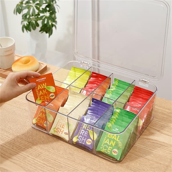Klar Akryl Te-pose Dispenser med Flere Rum Snacks Organizer