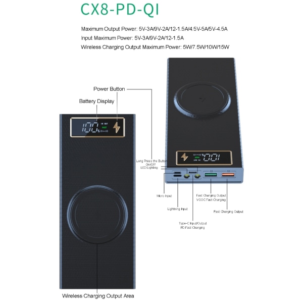 Gör-det-själv Power Bank- case med 22,5 W snabbladdning, 15 W trådlös laddning 8x18650 Batterihållare Box Digital Display Screen Black - CX8 PD