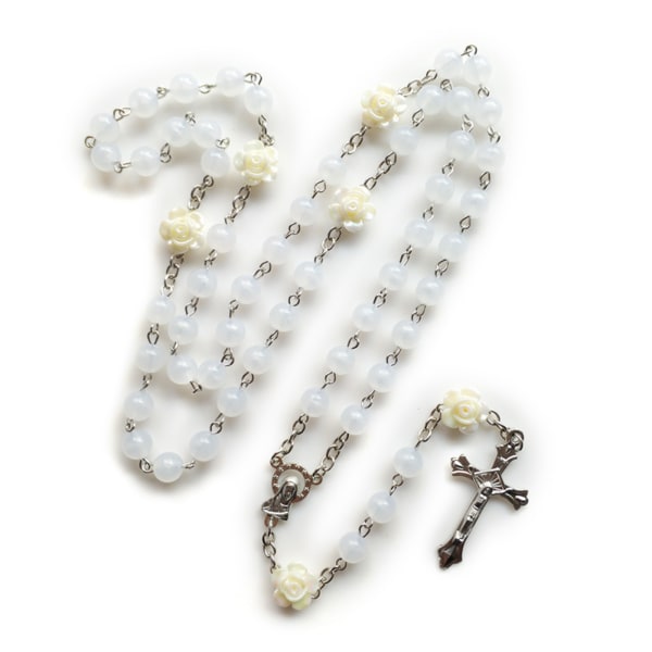 8 mm rosenkrans perler blomster lysende halskæde med Jesus krucifiks til kors vedhæng halskæder Glød i mørke religiøse smykker til mænd, kvinder