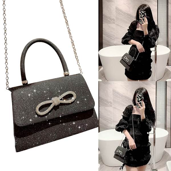 Glitter kukkaro Bow tekojalokivi iltalaukku Party Wedding Clutches Lady käsilaukku Black
