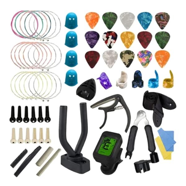 Gitarrtillbehörssats Set med gitarrsträngar, brostift, muttrar, tuner, capo, hackor, fingertoppsskydd