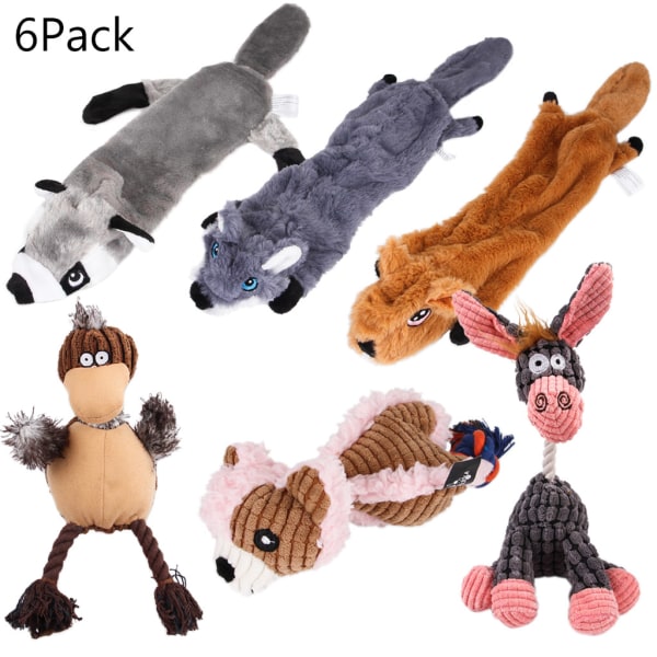 6 st Squeak Dog Toy Mjuk plysch Tugg Djurformad Squeeze med Squeaker för medelstora och små hundraser