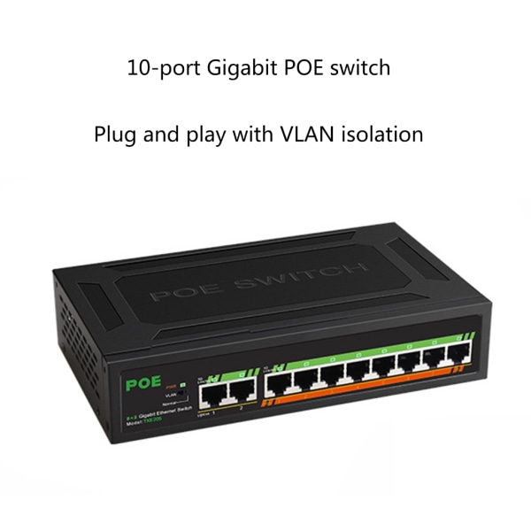 8-portars Gigabit PoE-switch +2-upplänkar 1000M inbyggd power VLAN Lsolation