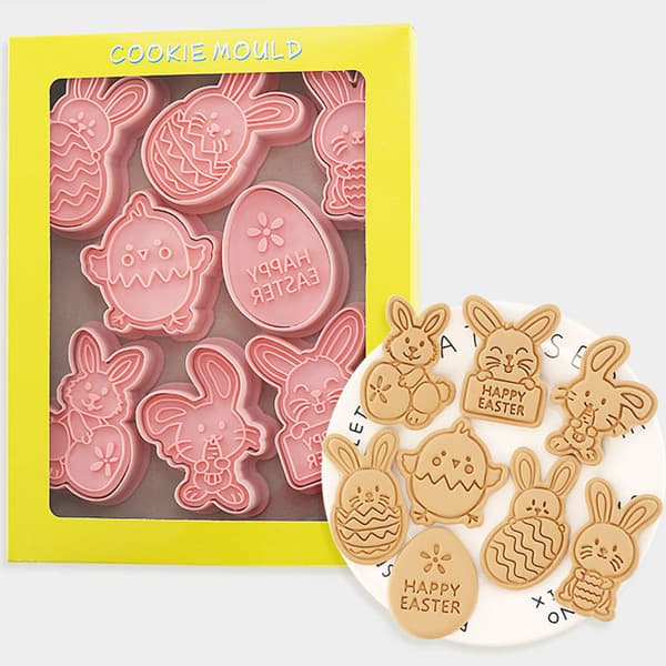 Sett med 8 Påske Kakeformer Egg Kanin 3D Plast Kake Stempler Baking Bakverk