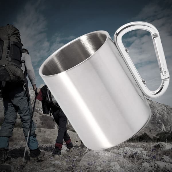 Rustfri kopp med D-ring karabinkrok håndtak vannkopp for utendørs camping