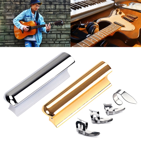 Metallgitarr Slide Elektrisk Gitarr Slide med 3 Finger Picks och 1 Tum Pick Silver