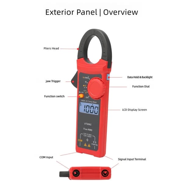 Digital klämmätare 0-600V 1000A ström True RMS Amperemeter Tångmultimeter