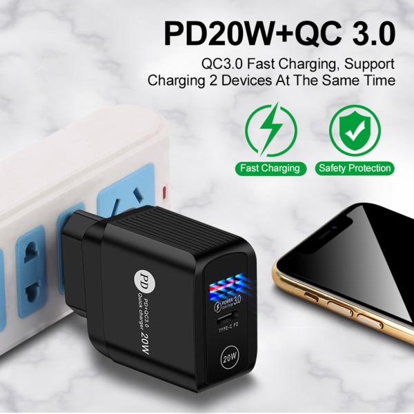 USA/UK/EU-kontakt för QC 3.0 PD USB -laddare 20w Typ C Snabbladdare Power Resetelefon Laddning för huvudtillbehör Black EU