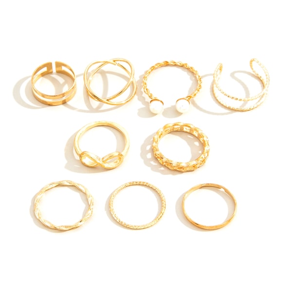 9 st/ set Retro Flera Ringar Trendiga Enkla Ringar Stapelbara Ringar Pack Eleganta dagliga vardagssmycken för kvinnliga barn Gold