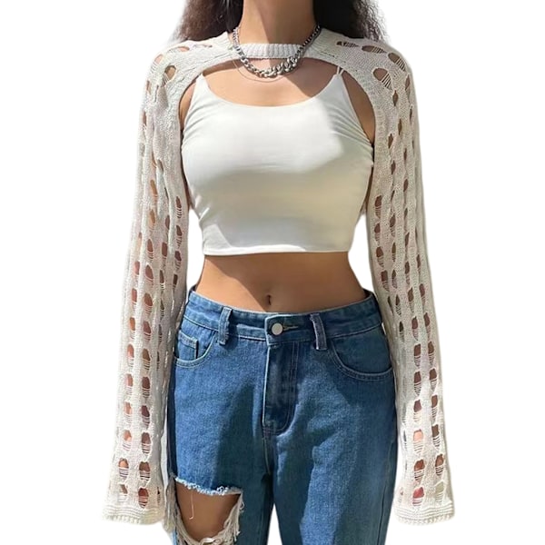 Crop Top Cover Up Shrug Long Sleeve Crop Top Pullover Sweater Shawl Shirt White