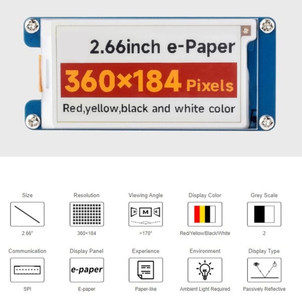 2,66 tum E-Paper E-Ink Display HAT 360x184 Upplösning Skärm för RPi för prislappar Display Modul null - A
