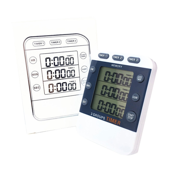 3-kanals lommetimer, samtidig timing, optælling/nedtællingstimer, stort display