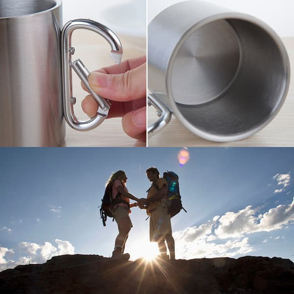 Rustfri kopp med D-ring karabinkrok håndtak vannkopp for utendørs camping
