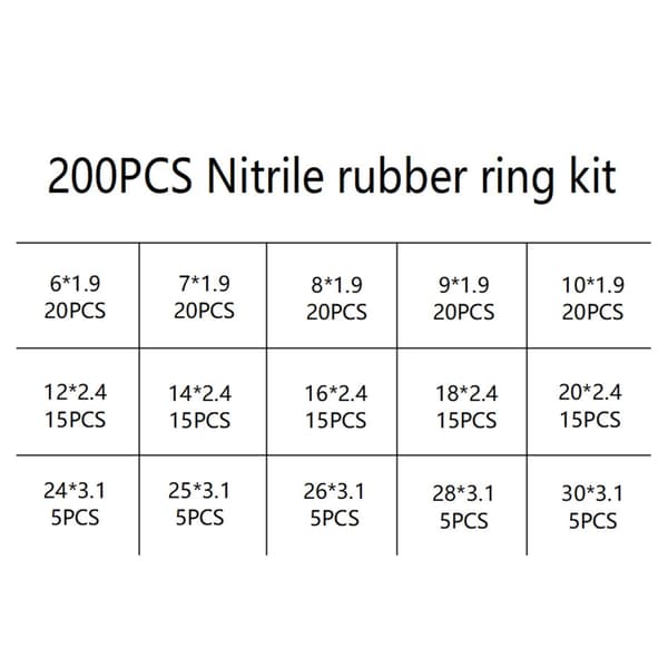 200 st O-ringar Gummi O-ringar Sortimentset VVS Packningar Distanser Kit