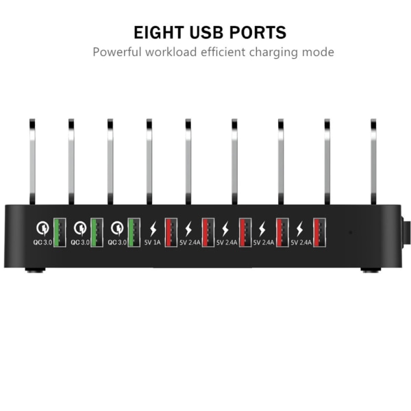 8-portars laddningsstation för flera enheter USB + QC3.0 för smart laddare för organizer Telefonladdningshållare HUB Fa null - US