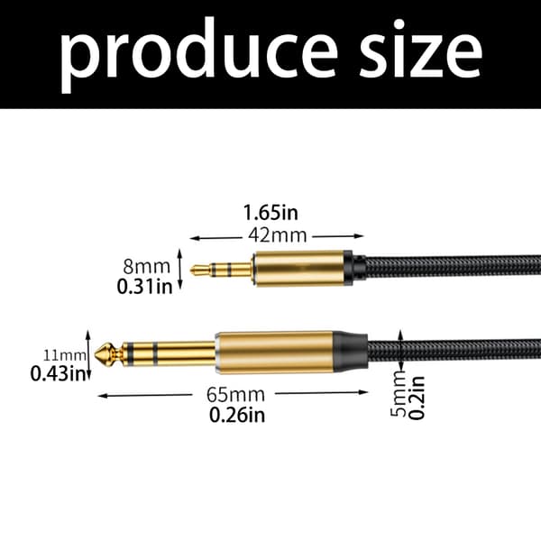 3,5 mm til 6,5 mm kabel 1,5 m nylonvævet til trommemaskine og lydforbindelse