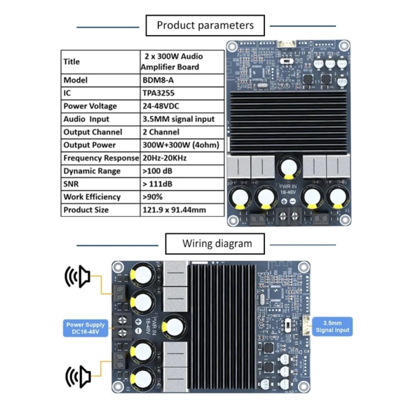 Högpresterande TPA3255 2x300W Stereofeber HIFI Digital Power Amp Board 2-kanals Klass D-förstärkare DC24-48V