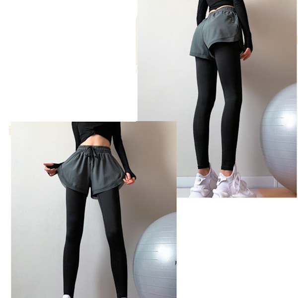 Womens High Rise 2 In 1 Tight Sports Leggings med Shorts Dragsko Midja Solid Färg Fitness Löpning Yoga Träning Långa Byxor Green S